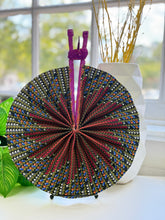 Load image into Gallery viewer, Handmade African Ankara Print Fabric Fan β Wax Print Folding Fan with Leather-Wrapped Handle