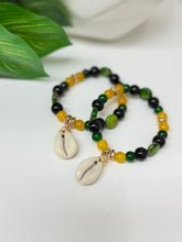Load image into Gallery viewer, Boho Cowrie Shell Beaded Bracelet, Green & Yellow Glass Beads