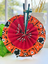 Load image into Gallery viewer, Handmade African Ankara Print Fabric Fan β Wax Print Folding Fan with Leather-Wrapped Handle
