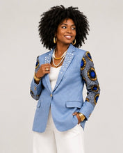 Load image into Gallery viewer, Sky Ankara Blazer| Beaded Statement Blazer with Gold Buttons