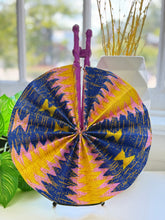 Load image into Gallery viewer, Handmade African Ankara Print Fabric Fan – Wax Print Folding Fan with Leather-Wrapped Handle
