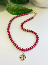 Load image into Gallery viewer, Handmade Red Glass Bead Necklace with Gold Spacers and Crystal Leopard Clover Pendant
