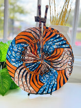 Load image into Gallery viewer, Handmade African Ankara Print Fabric Fan – Wax Print Folding Fan with Leather-Wrapped Handle
