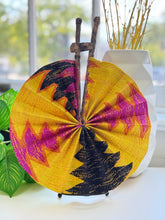Load image into Gallery viewer, Handmade African Ankara Print Fabric Fan – Wax Print Folding Fan with Leather-Wrapped Handle
