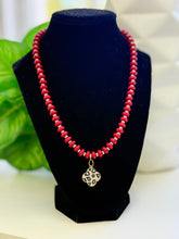 Load image into Gallery viewer, Handmade Red Glass Bead Necklace with Gold Spacers and Crystal Leopard Clover Pendant
