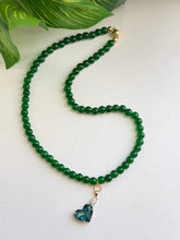 Load image into Gallery viewer, Emerald Green Glass Bead Necklace with Heart Pendant | Handmade Beaded Necklace with Magnetic Clasp
